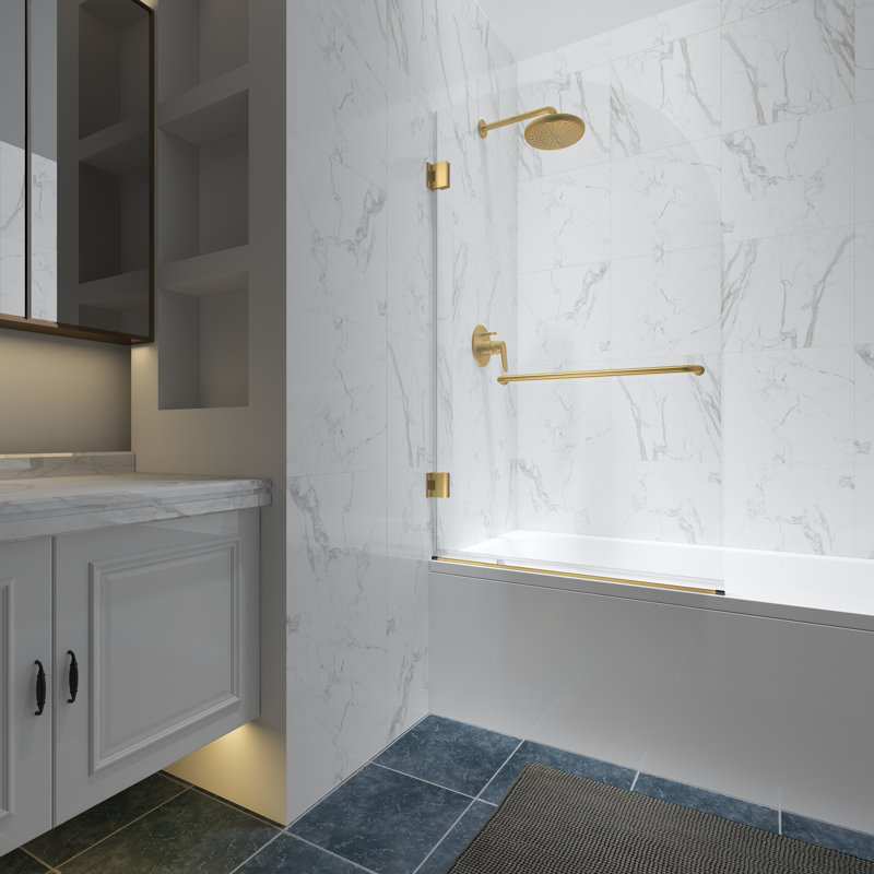 Julien 34 in. W x 58 in. H Hinged Frameless Tub Door with Clear Glass, Brushed Gold