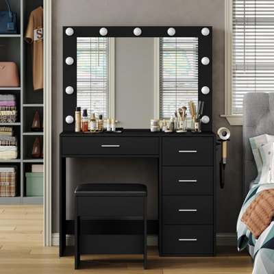 Dressing Table With Mirror And LED Lights, Power Outlet And USB, 3 Ligshting Modes, 5 Drawers, Stool