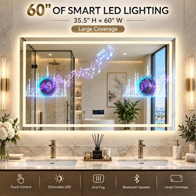 Miroir de salle de bain DEL grand format 35,5 po x 60 po pour double lavabo, haut-parleur Bluetooth, affichage intelligent de l'heure et de la date, antibuée, intensité lumineuse réglable en 3 couleurs