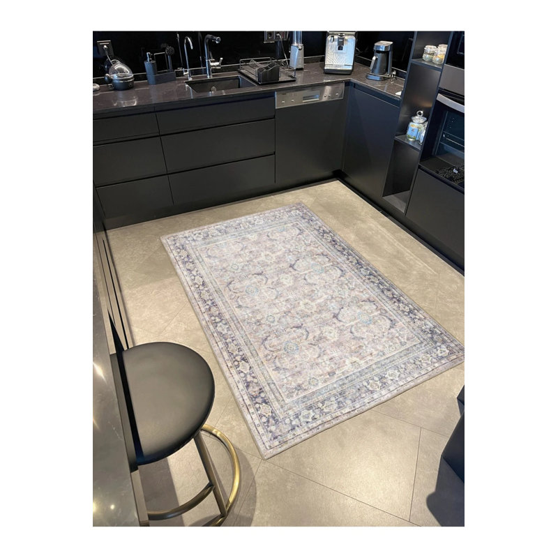 Gray Framed Patterned Decorative And Woven Based Washable Carpet, Rectangle 3'4" x 6'7"