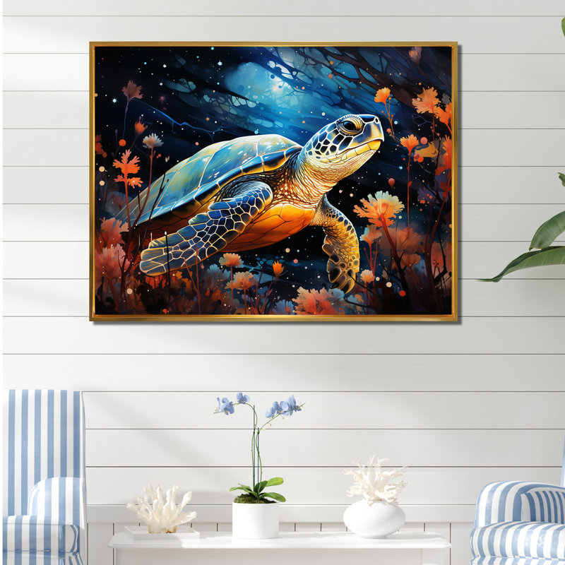 Contemporary Marine Life IV sur toile, Cadre flottant doré, H 16 po x l 32 po