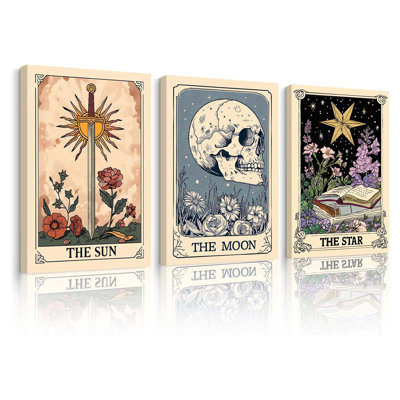 Tarot Card Wall Art Sun Moon Canvas Wall Decor Mystical Astrology Wall Art Boho Celestial Prints Star Skull Poster Tarot Card Picture For Living Room Bedroom 12X16x3 Inch Framed