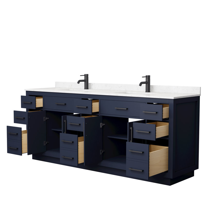Beckett TK 84'' W Double Vanity, Dark Blue, Matte Black, Carrara Cultured Marble