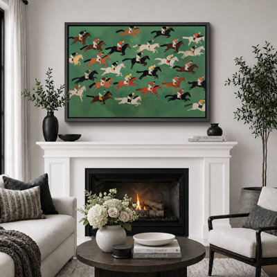 «Galloper Racehores in Motion Across Green Field Art», reproduction d'art sur toile encadrée