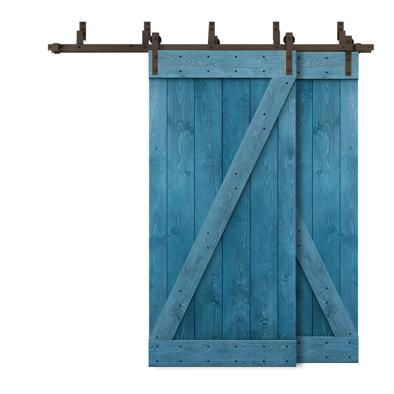Porte de grange à panneaux et en bois avec quincaillerie d'installation, 40 po x 84 po, Bleu océan