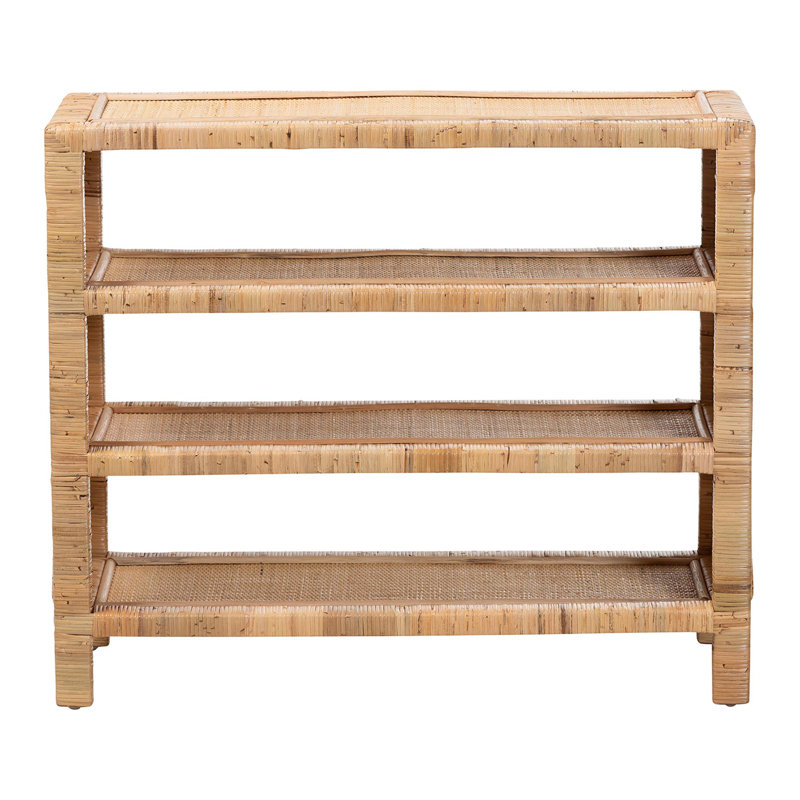 Bali & Pari Abelia Natural Rattan 4-Tier Display Shelf - Handwoven Boho Coastal Bookcase Or Entryway Storage, Lightweight Wicker Accent Furniture