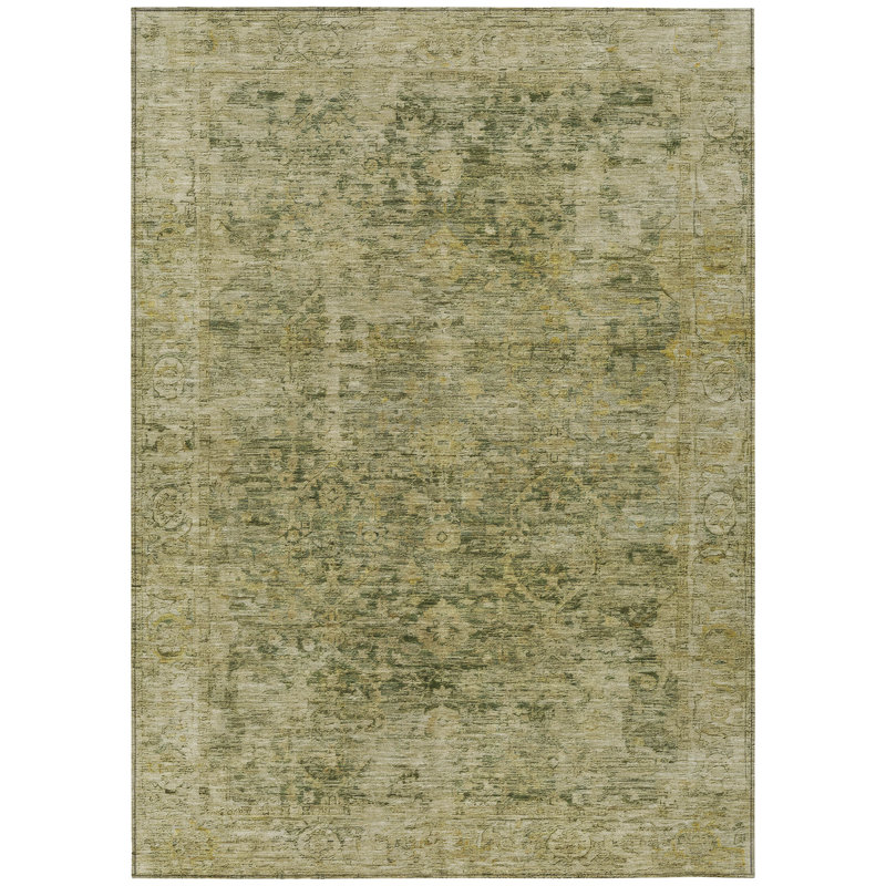 Machine Washable Indoor/Outdoor Xhevrie Green Rug, Rectangle 2'6" x 3'10"