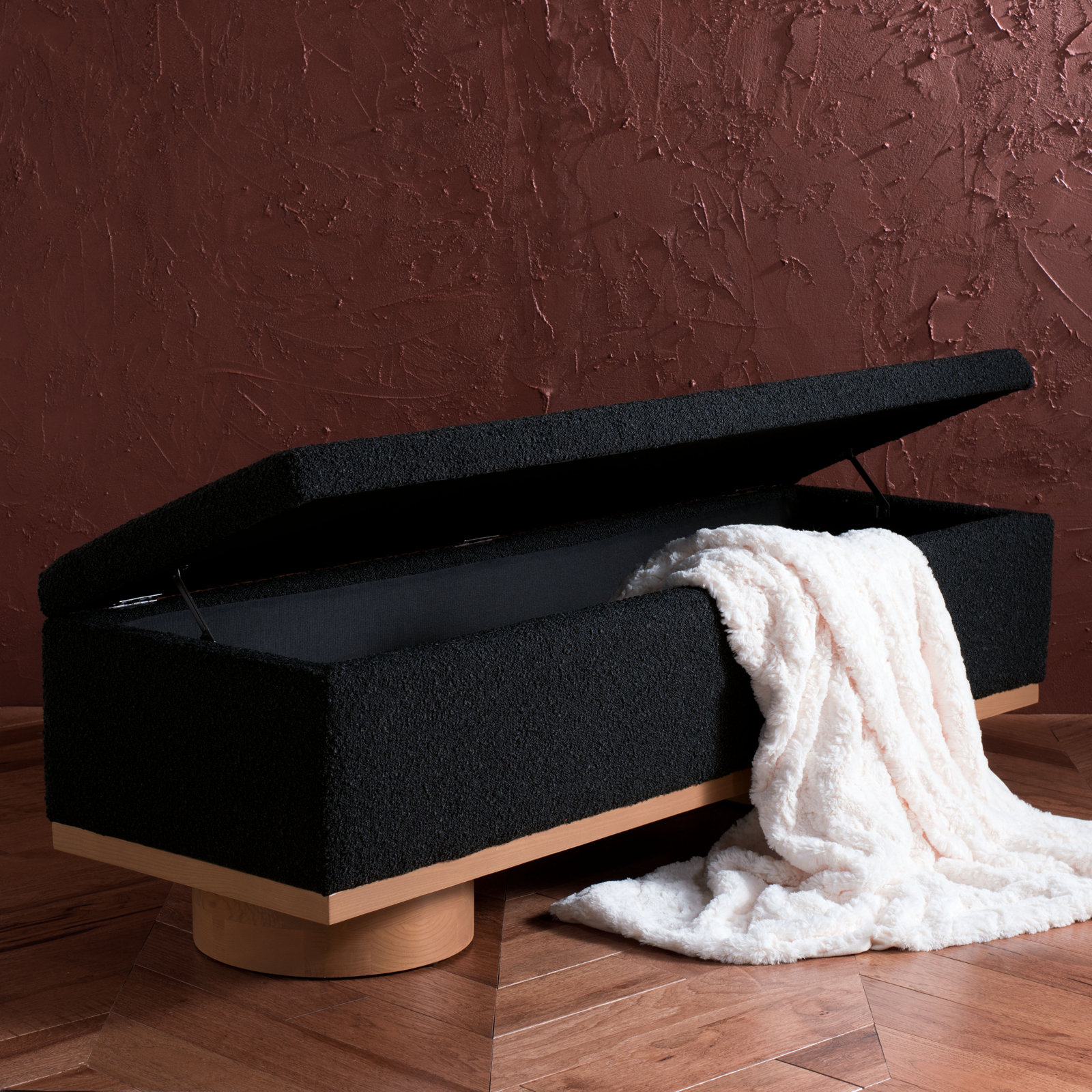 Morje 61" Linen Entryway Bench, Black Boucle, Natural