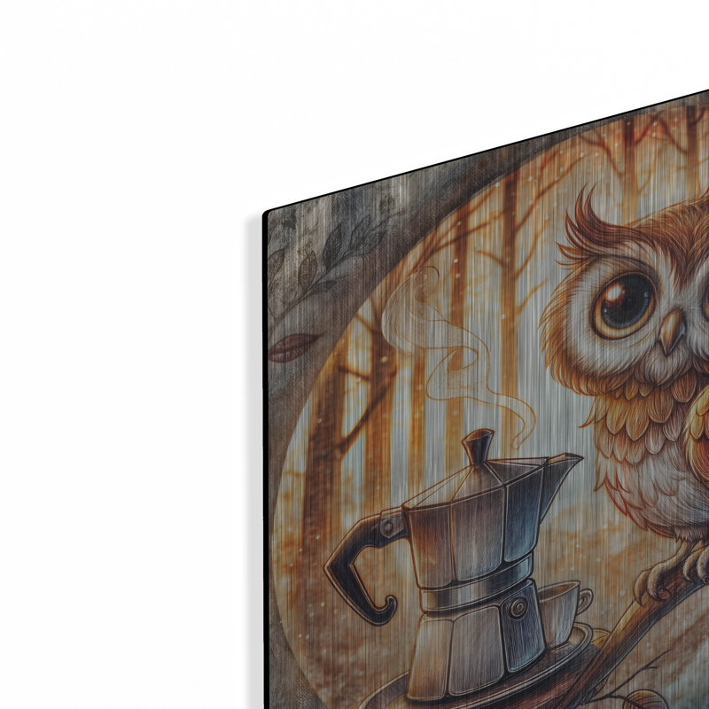 «Owl And Coffee» par Rey Klimt, art mural en métal, H 12 po x l 12 po