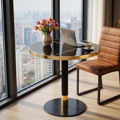 Table basse ronde en panneau de fibres à densité moyenne de 23,6 po avec dessus en UV et bordure en acier inoxydable