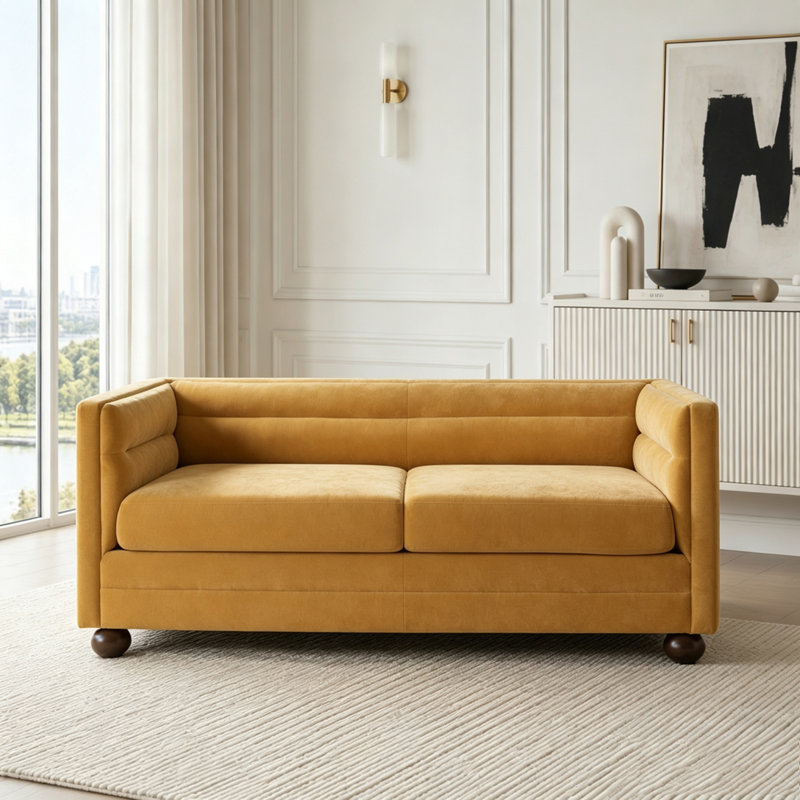 Canapé 3 places moderne avec revêtement en chenille et dos de chameau, Yellow Chenille