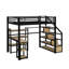 Lit mezzanine double en métal avec escalier, bureau et tablettes