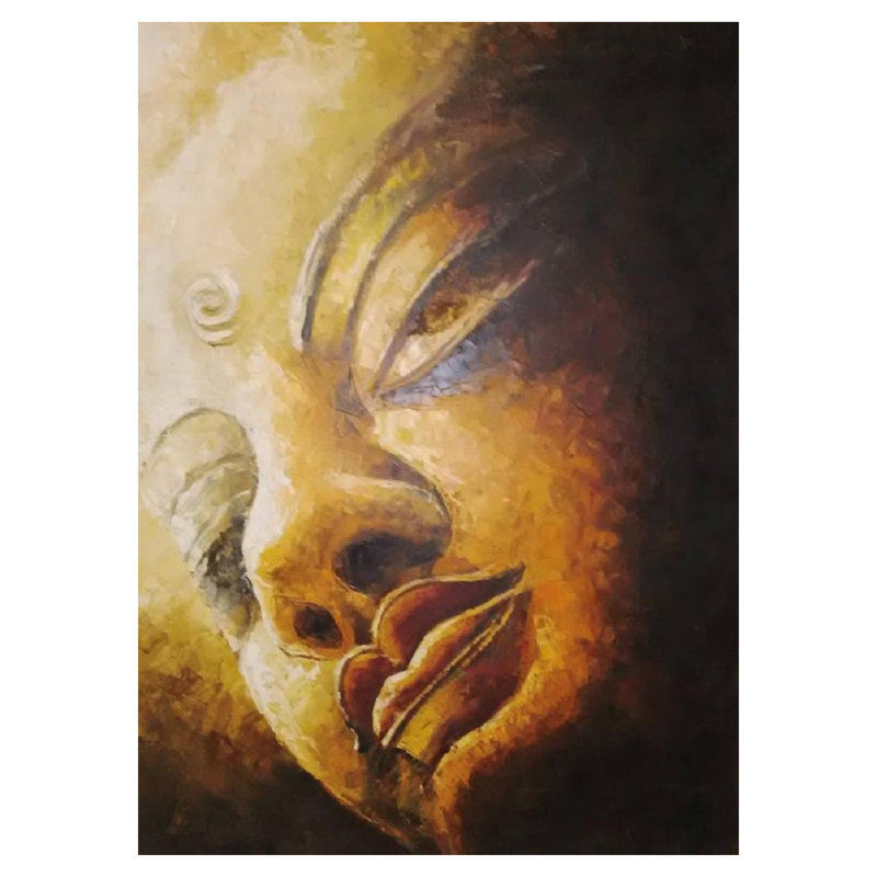 Visage de Bouddha doré doré | Huile sur toile et au couteau | Par Dinesh Kumar
