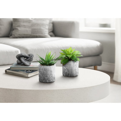 Artificial Plant, 6" Tall, Succulent, Indoor, Faux, Fake, Table, Greenery, Potted, Set Of 2, Decorative, Green Leaves, Pots