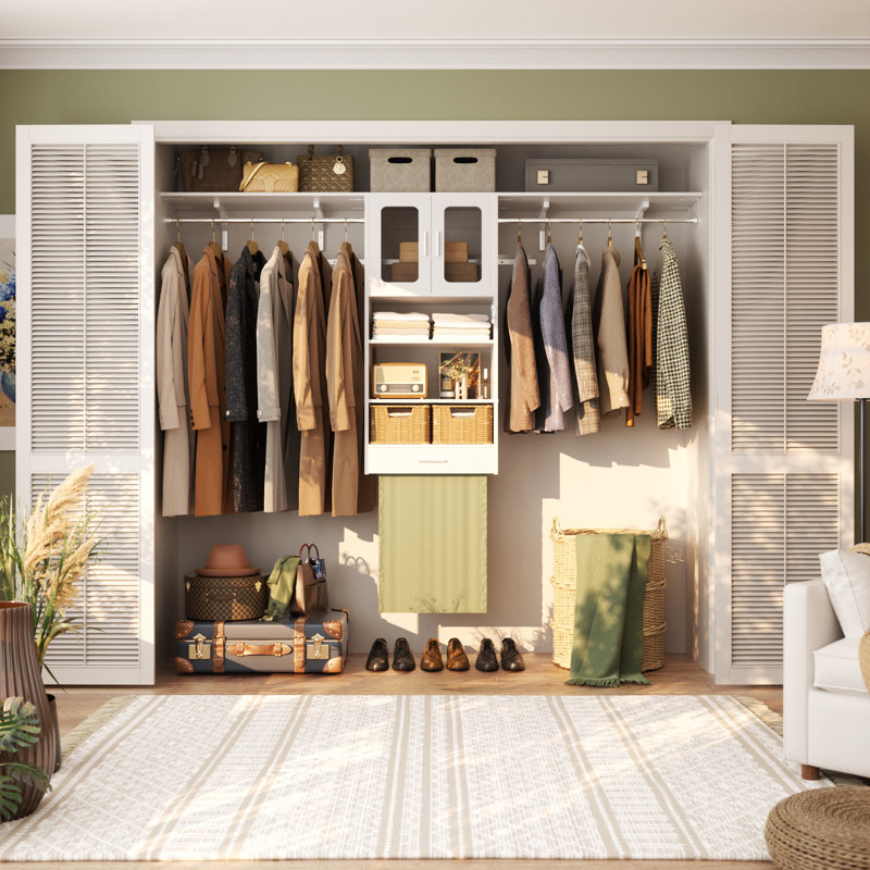 20.5‘’ - 95.7'' W Wall Cabinet with Drawer, Door and Hanging Rods, White