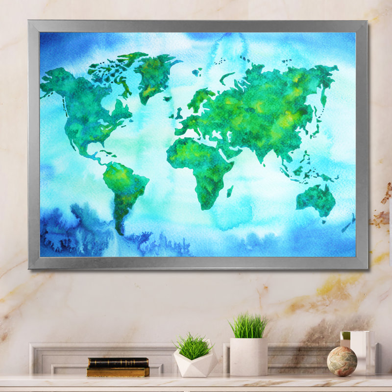 «World Map Blue Green Tone», reproduction sur toile, H 24 po x l 36 po x P 1 po, Cadre de coin argenté fermé
