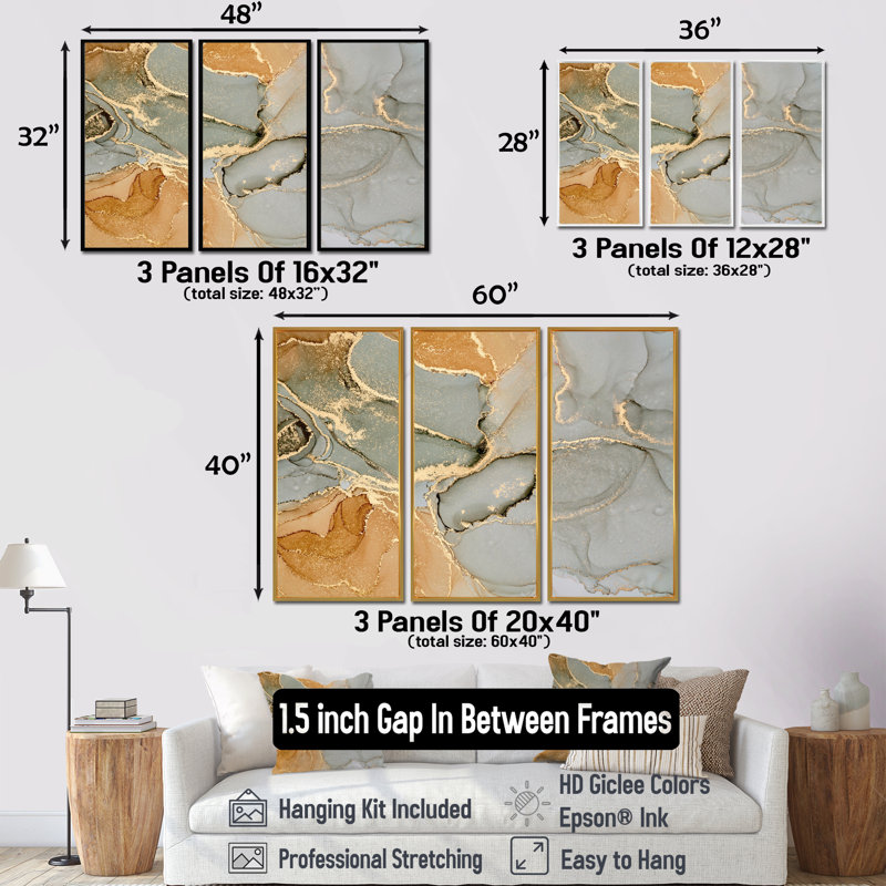"Brown Luxury Abstract Fluid Art VI", 3 pièces, cadre flottant, impression sur toile, H 28 po x l 36 po, Argent