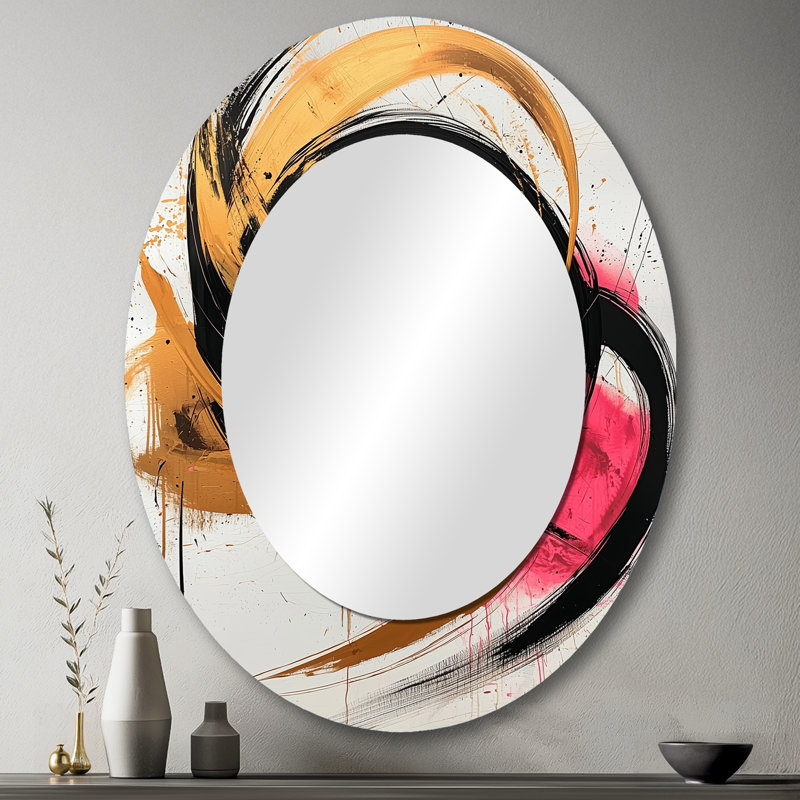 Abstract Circles In Pink And Gold Tones VI - Large Oval Wall Mirror On Metal, 43" x 33"