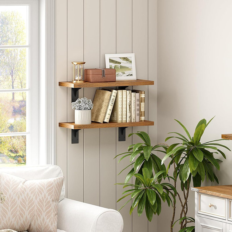Floating Shelves For Wall, 15.4" Wall Mounted Shelves Set Of 2, Hanging Storage Shelf With Metal Brackets, Wooden Shelf For Living Room, Bedroom, Bathroom, Rustic Brown And Black