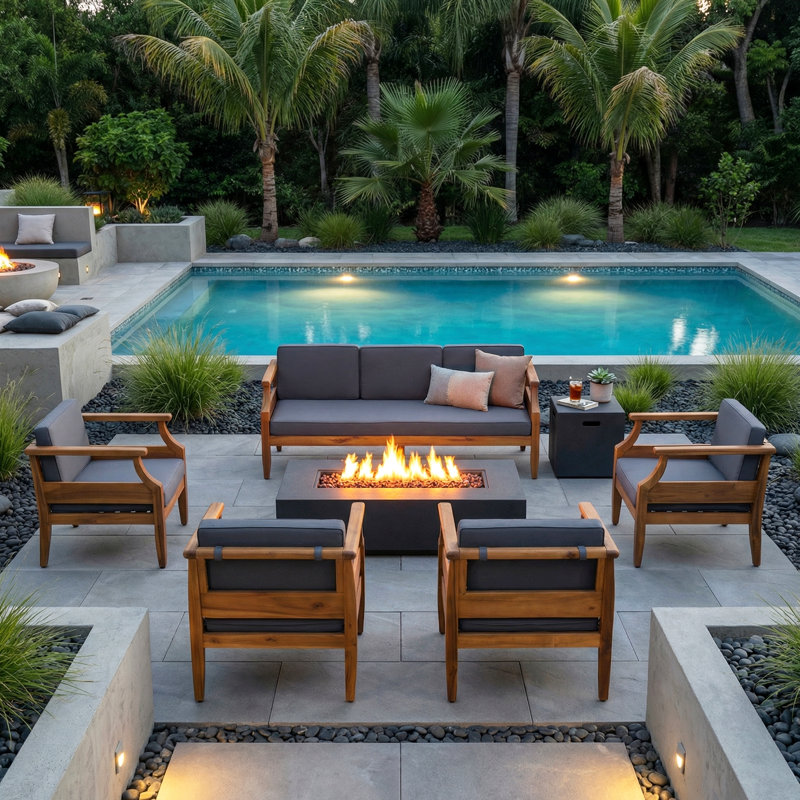 Mcclurg Mid-Century Modern Acacia Wood Outdoor Conversation Set With Water-Repellent Cushions, Dark Gray, Gray
