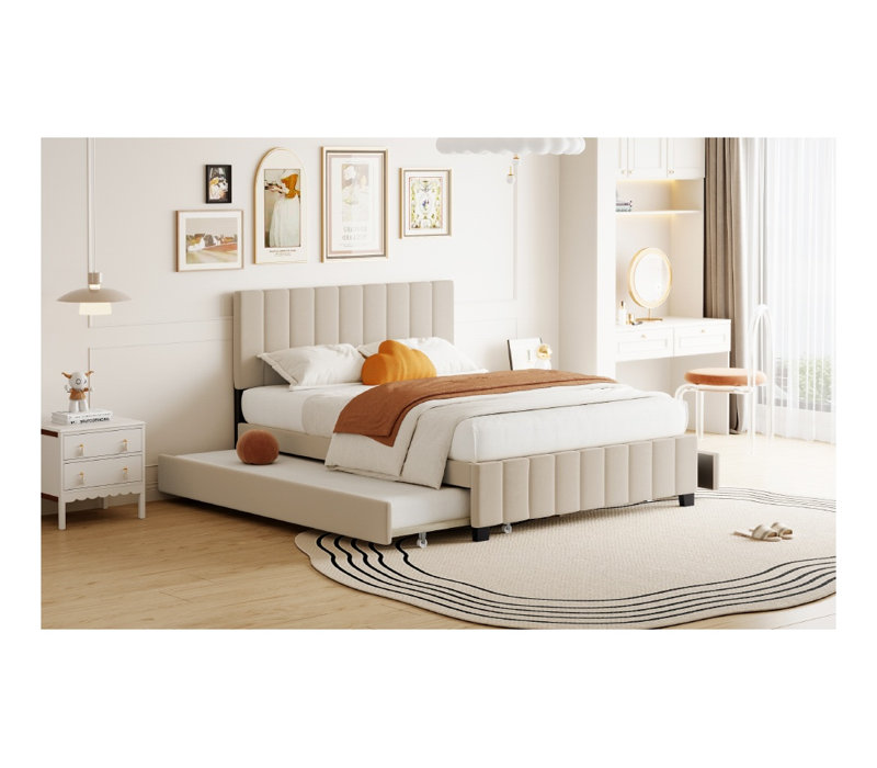Grand lit plateforme tapissier en velours avec lit gigogne simple et tiroirs de rangement - beige