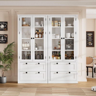 71" Tall Kitchen Pantry Cabinet with Drawers & Glass Doors, Farmhouse Storage Cupboard, White