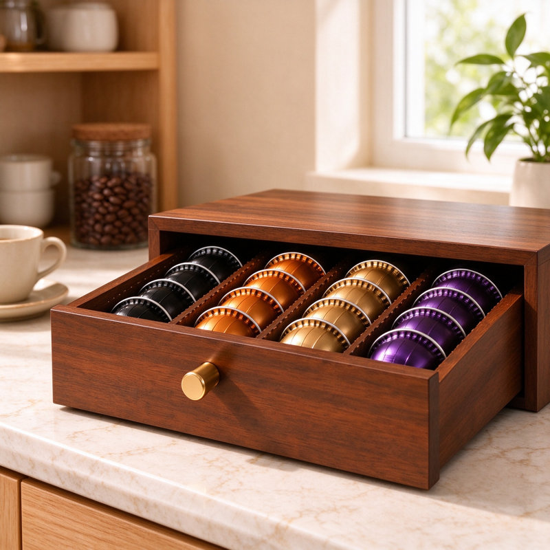 Acacia Wood Coffee Pod Drawer Organizer for Kitchen and Office Coffee Station, Under Brewer Storage with Copper Handle