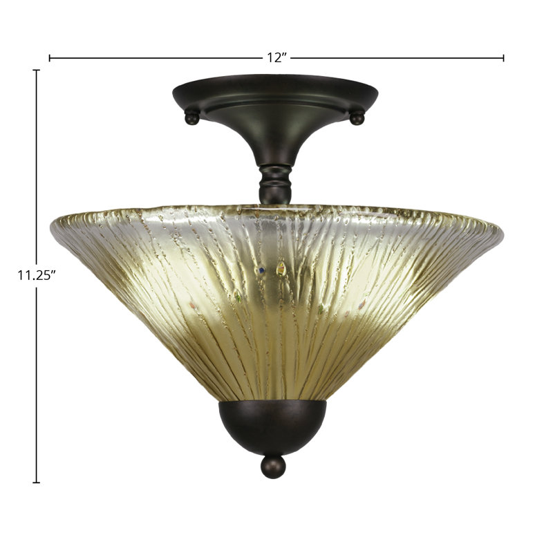 Semi-Flush 2 Bulbs With 12" Amber Crystal Glass, Bronze