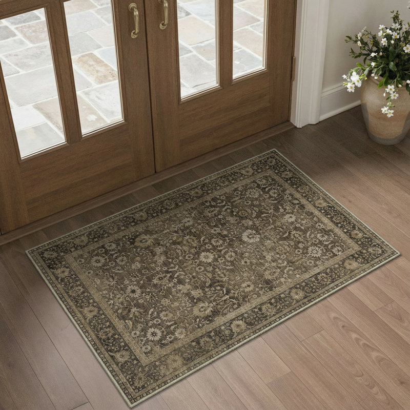 Roehit Vintage Oriental Persian Machine Washable Tan/Dark Brown/Beige Indoor Area Rug With Non-Slip Backing, Round 5'