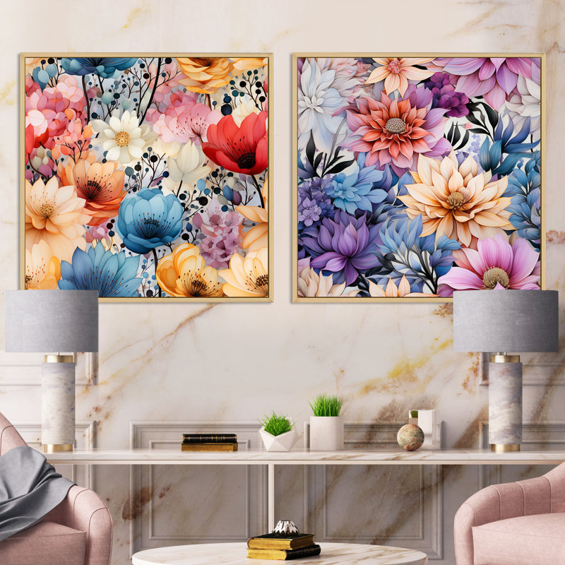 Etter - Ensemble de 2 collages carrés floraux, Cadre flottant brun, H 30 po x l 61 po