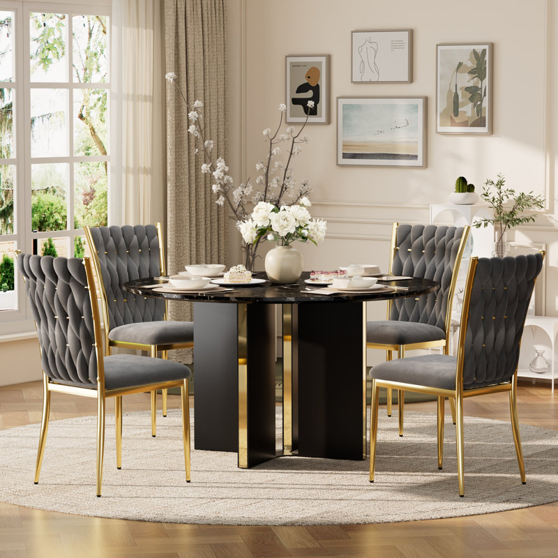 Ensemble de salle à manger Glam, Black/Gold, 5 Pieces: Table, 4 Chairs, Grey
