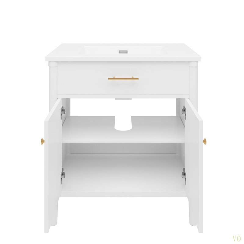 Meuble-lavabo de 30 pouces avec lavabo, armoire de salle de bain avec portes à fermeture en douceur et tablette réglable, conception à profil courbé, pieds en bois d'hévéa