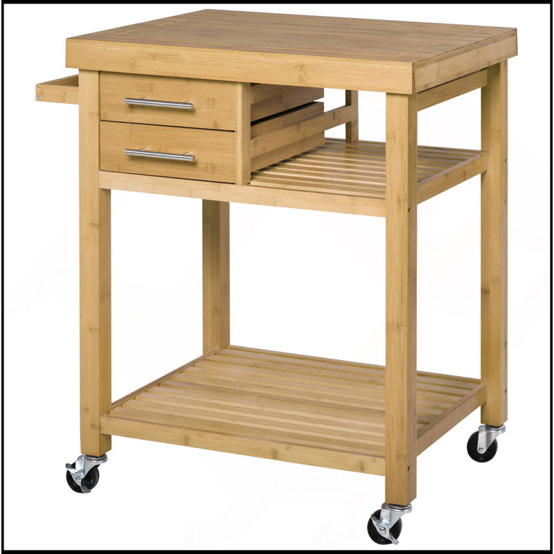 Îlot de cuisine en bambou sur roulettes, chariot utilitaire avec 2 tiroirs de rangement et tablettes ouvertes, ton bambou