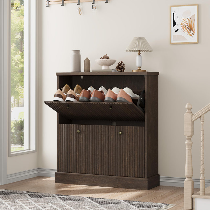 Fluted Shoe Cabinet with 2 Flip Drawers, Slim Entryway Shoe Storage Organizer with Adjustable Shelves, Walnut