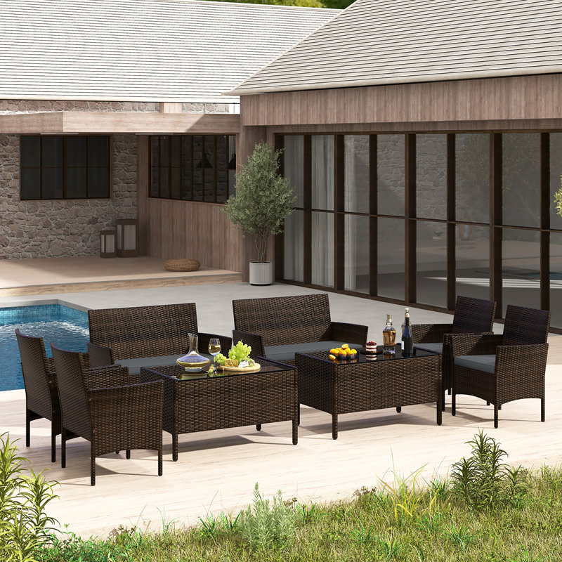 Winston Porter 8 Piece Patio Rattan Conversation Set Outdoor Wicker Furniture Set W/ Chair, Gray