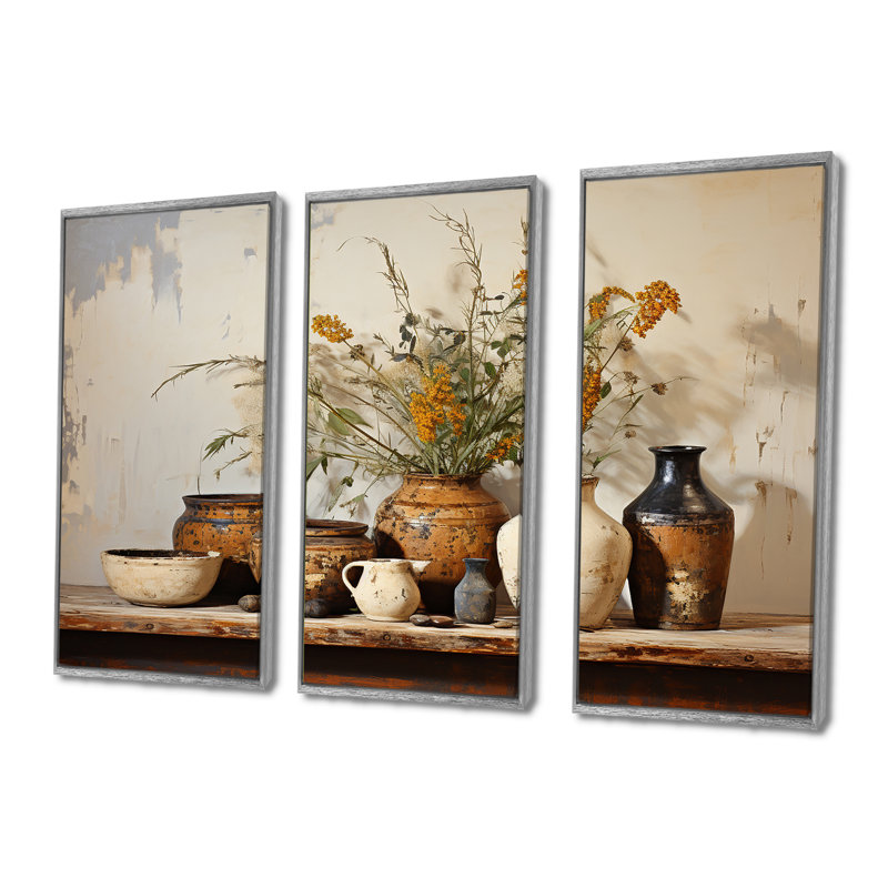 Art floral brun, poterie rétro, art mural Boho, H 32 po x l 48 po x P 1 po, Cadre argenté flottant
