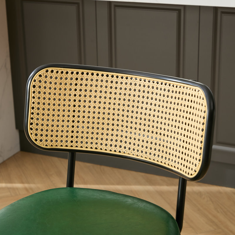 Swivel Upholstered Counter Stools With Rattan Back, Green, 3