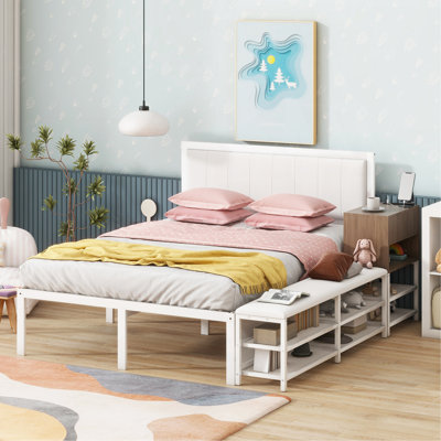 Lit plateforme double en métal avec tablettes de rangement à deux niveaux, armoire de rangement en bois, blanc