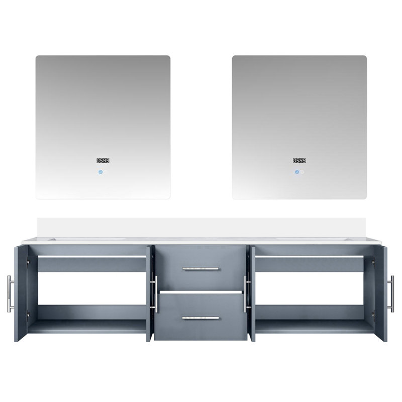 Meuble-lavabo double gris foncé de 72 po X P 22 po D, plateau en quartz blanc et Miroirs à DEL, Gris foncé