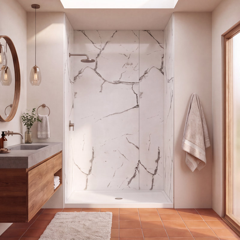 Titan Aluminum Composite 60" W x 48" D x 96" H 3-Piece Trimmable Shower Wall Panel Kit, White Caruso High Gloss