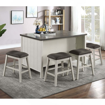 Ensemble de salle à manger 5 pièces à hauteur de comptoir de style transitionnel, table de salle à manger en bois avec base de rangement à tablettes et 4 tabourets