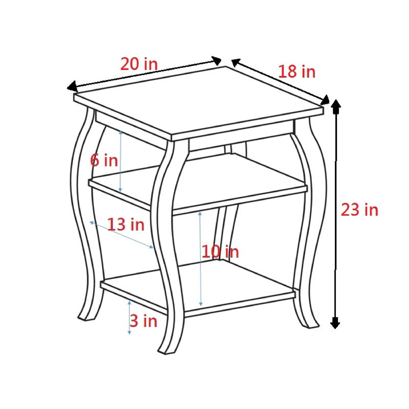 Table d'appoint carrée 18 po avec tablettes de rangement ouvertes à 3 niveaux, table de bout à pieds courbés pour le salon, table de chevet traditionnelle