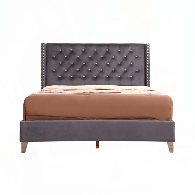 Velvet Upholstered Bed with Tufted Headboard, Grey, Queen