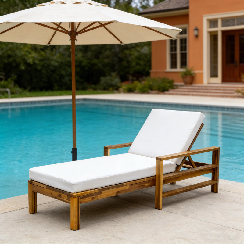 Outdoor Acacia Wood Chaise Lounge With Adjustable Recline And Density Foam Cushion
