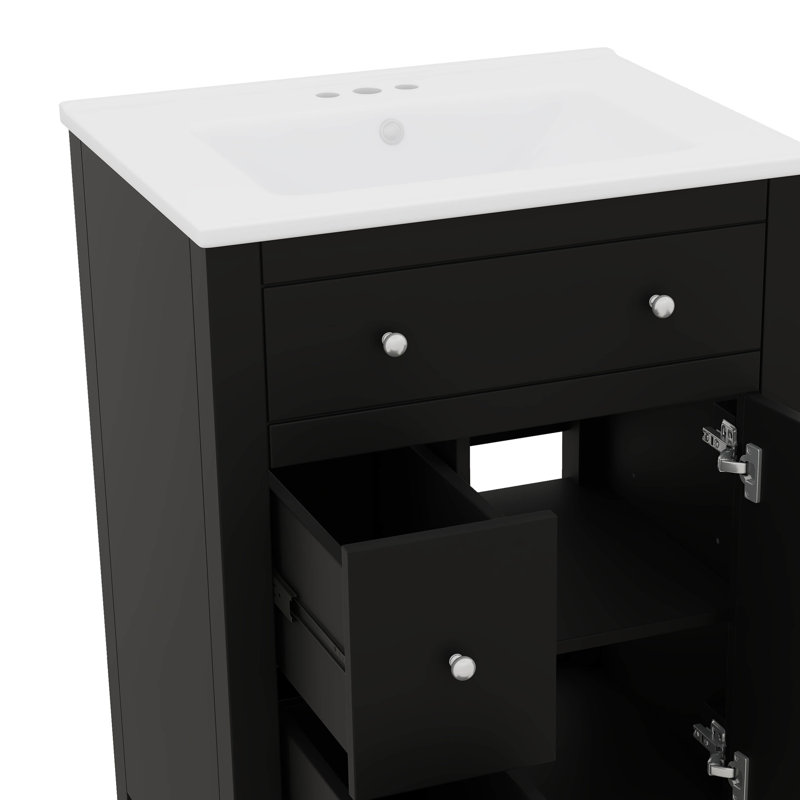 Armoire de lavabo de salle de bain 24 po, design contemporain avec vasque en céramique - 2 tiroirs + porte à fermeture en douceur