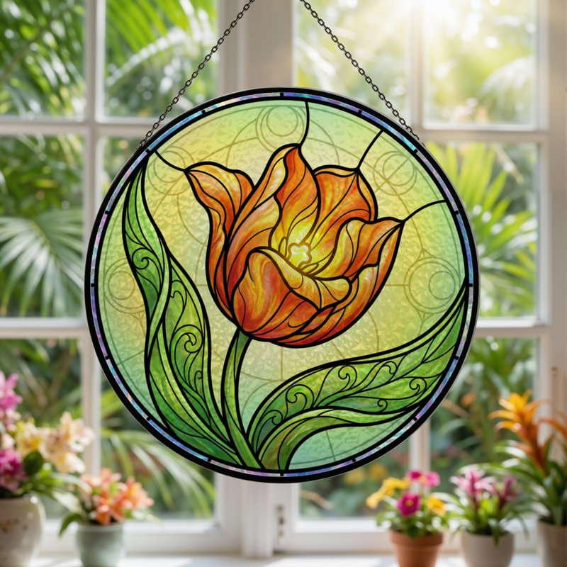 Vitrail de fenêtre en verre coloré 7,8 po H Tulip, H 7,8 po x l 7,8 po
