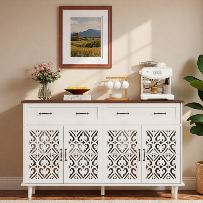 Vintage Sideboard Buffet Cabinet With Hand-Carved Geometric Doors, Distressed Light Wood Finish, And Ample Storage For Dining Essentials