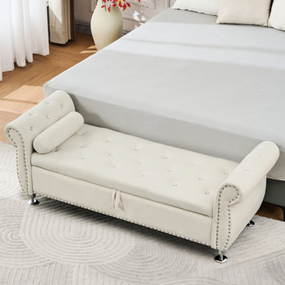 Banc de rangement en velours doux de 62,2 pouces, beige, avec boutons et oreiller en cristal, décoration de salon de chambre à coucher, spacieux pour charnière, velours peau, bois d'eucalyptus, pieds en métal, capacité de charge élevée