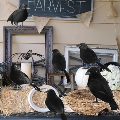 6 pièces de corbeaux noirs d'Halloween avec 1 pièce de nid d'oiseau, corneilles à plumes noires faites à la main et plumes d'oiseaux