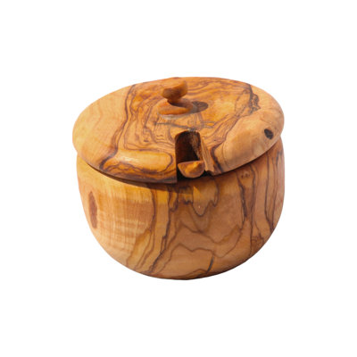 Kitchenware Olive Wood Salt Cellar with Lid & Spoon – Handmade Mediterranean Salt Box for Counter